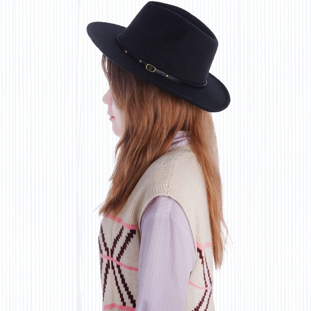 9124 Fedora Hat Wide Brim Fedora Retro Black Floppy Wool Felt Hat with Belt - Picture 6 of 7